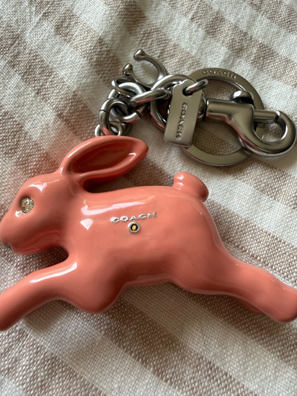 Coach Silver-Tone Keyring with Pink Enamel Bunny Accent - Picture 2 of 4